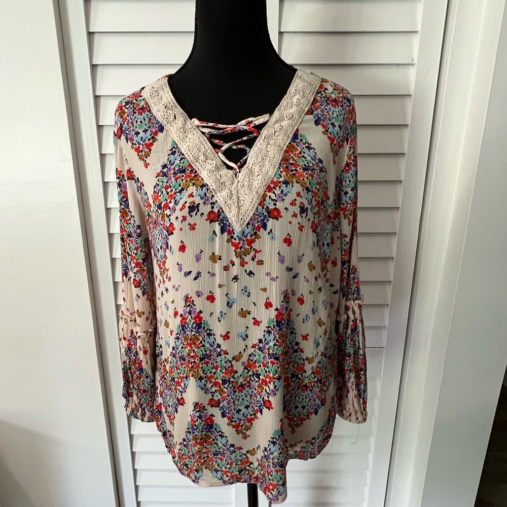 Democracy Multicolor Lace-Up Blouse